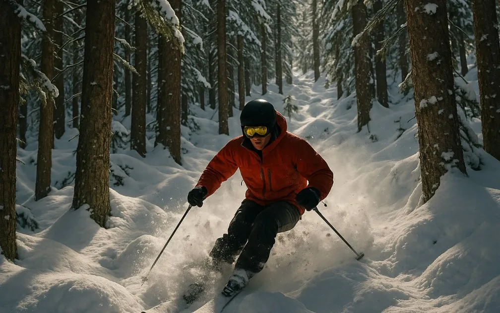 Skier threading between tight trees in soft snow